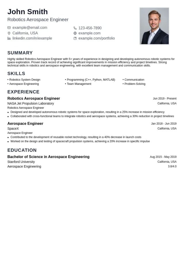 Robotics Aerospace Engineer resume example