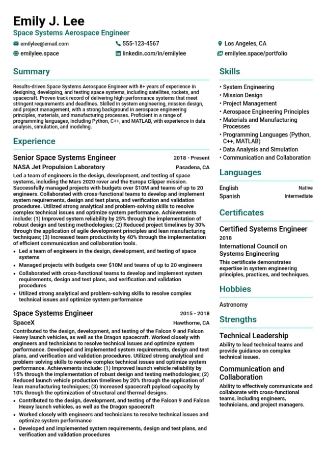 Space Systems Aerospace Engineer resume example