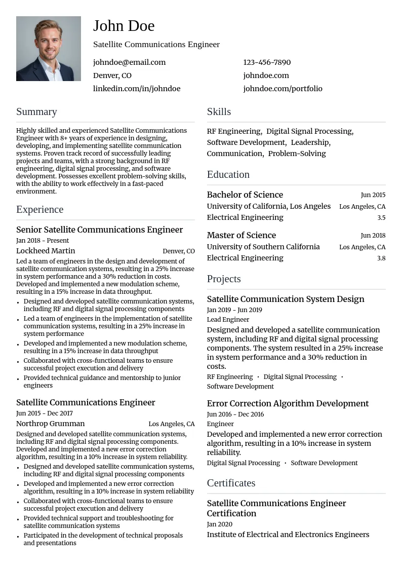 Satellite Communications Engineer resume example