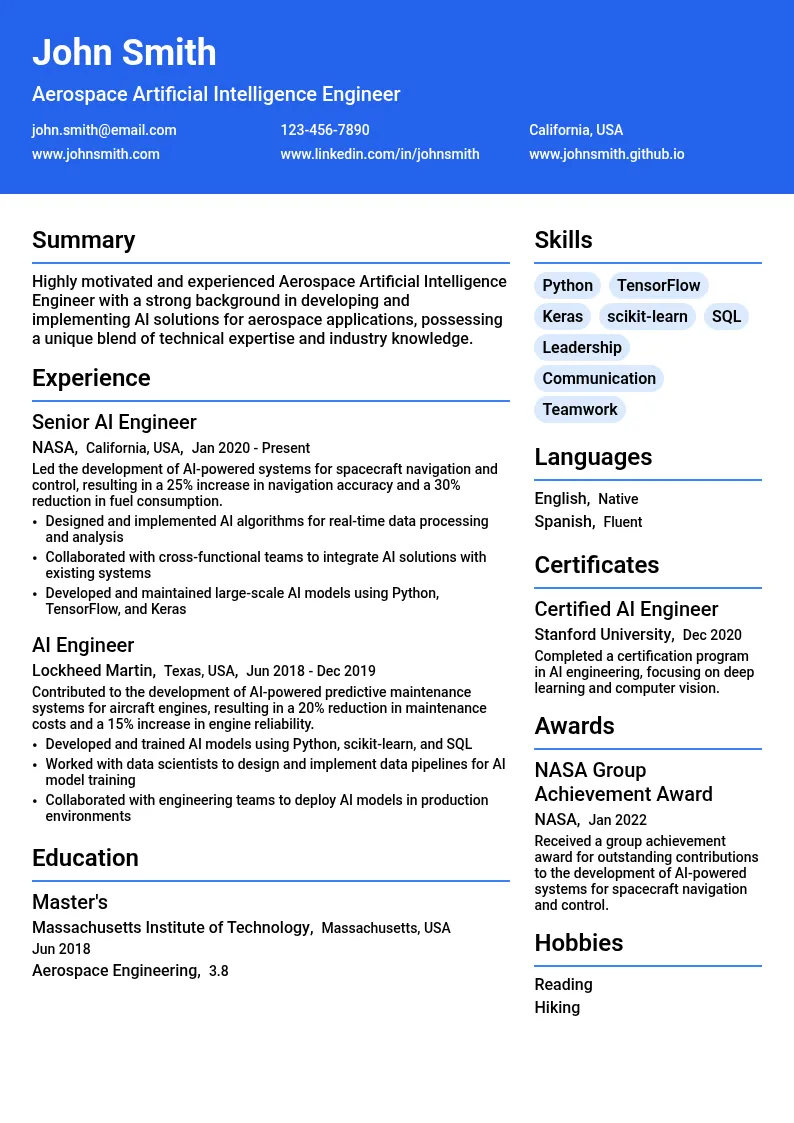 Aerospace Artificial Intelligence Engineer resume example