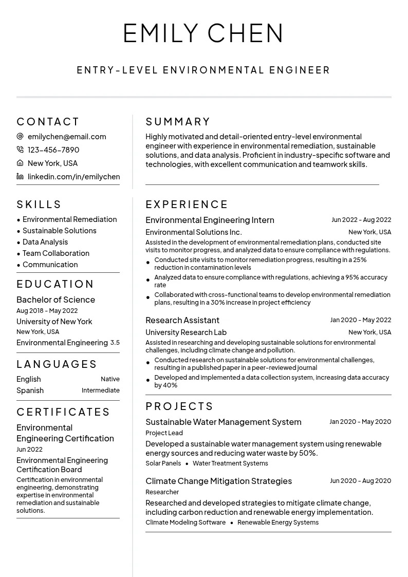 Entry-Level Environmental Engineer resume example