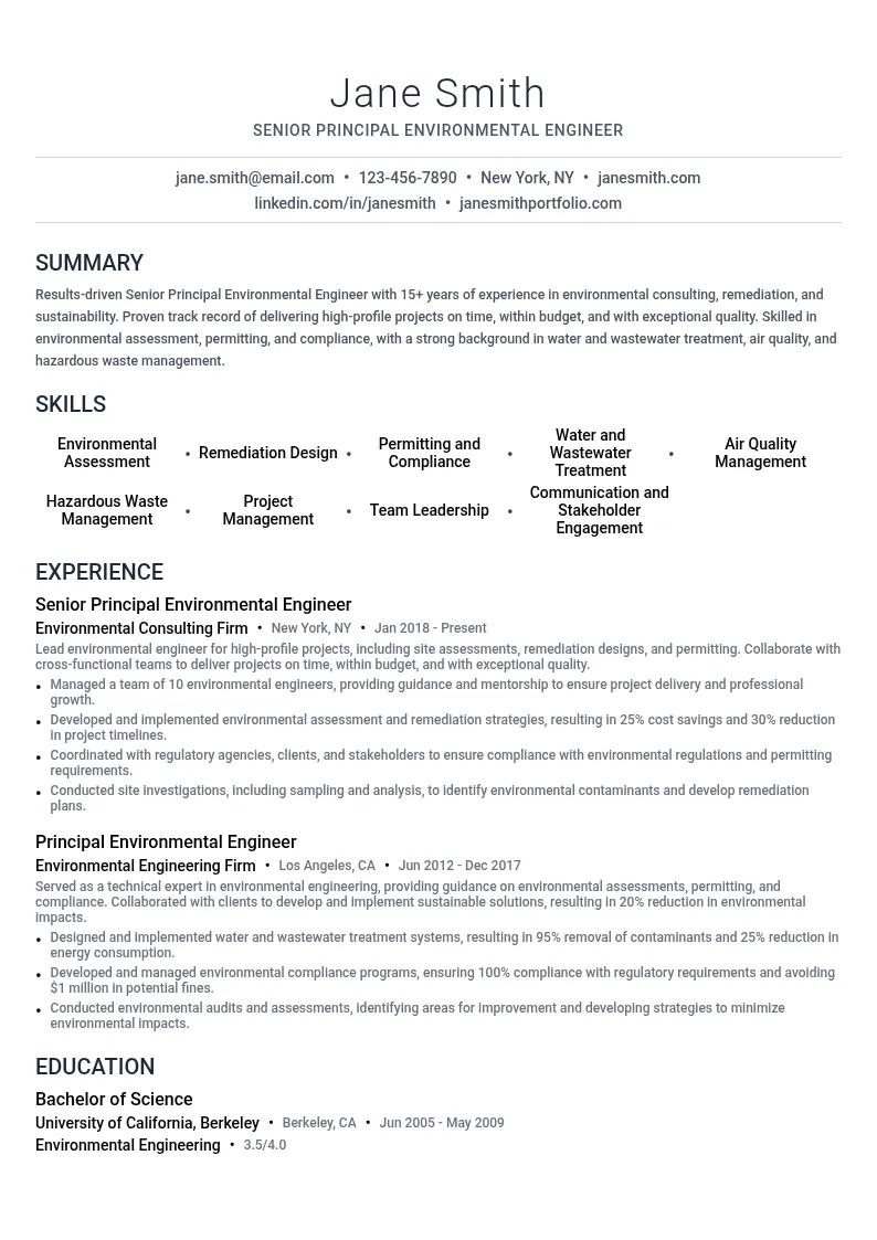 Senior Principal Environmental Engineer resume example