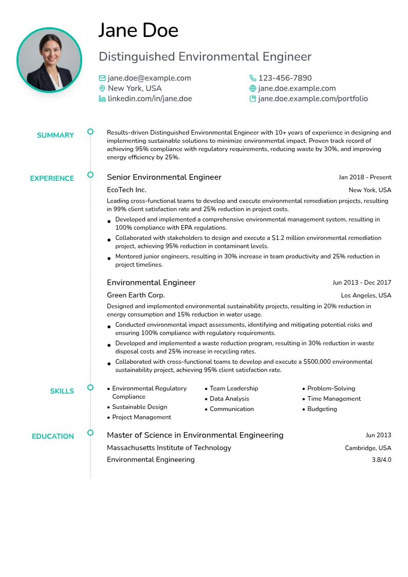 Distinguished Environmental Engineer resume example