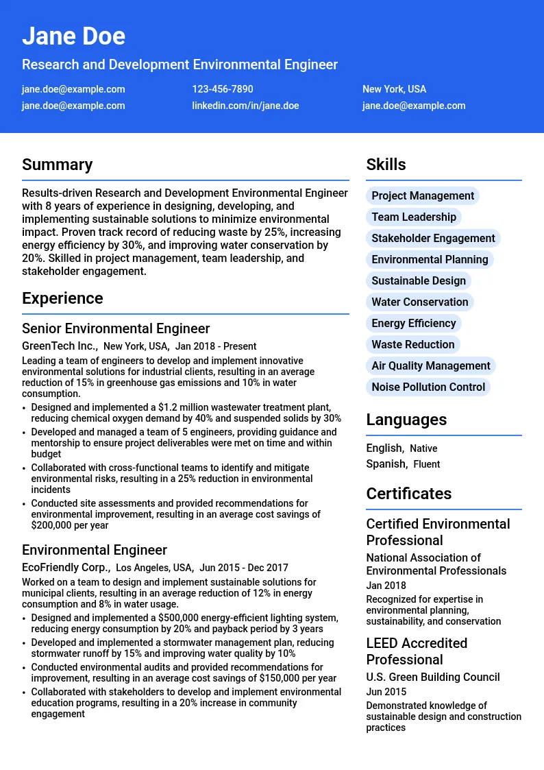 Research and Development Environmental Engineer resume example