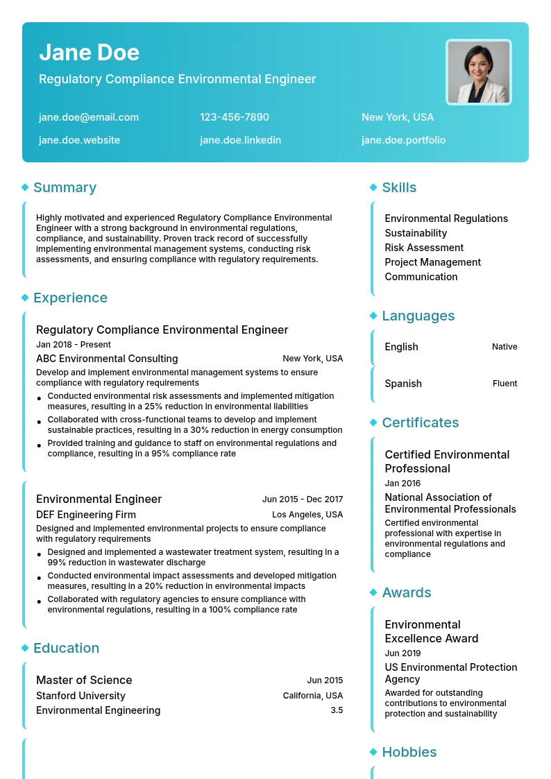 Regulatory Compliance Environmental Engineer resume example