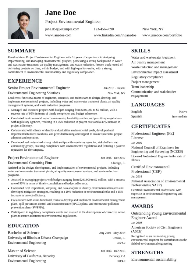 Project Environmental Engineer resume example