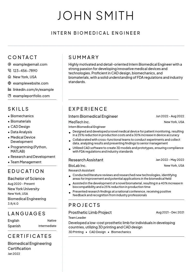 Intern Biomedical Engineer resume example