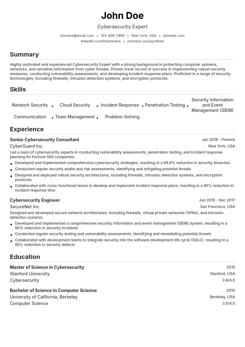 Cybersecurity Expert resume example