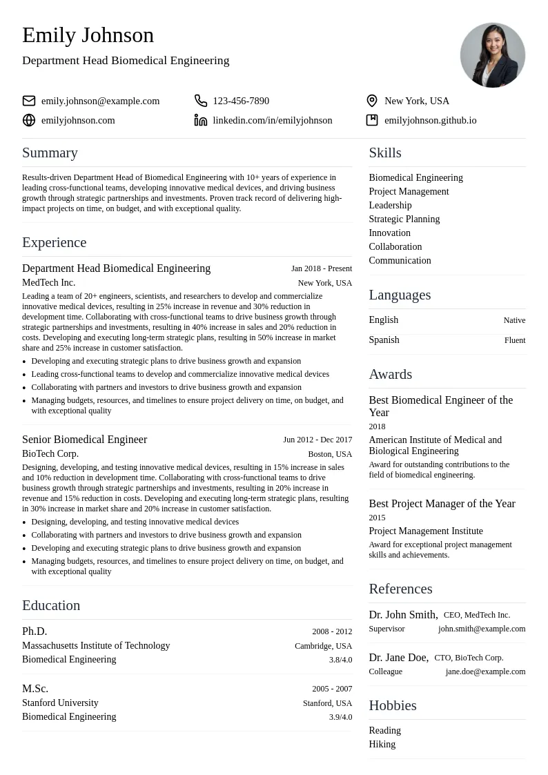 Department Head Biomedical Engineering resume example