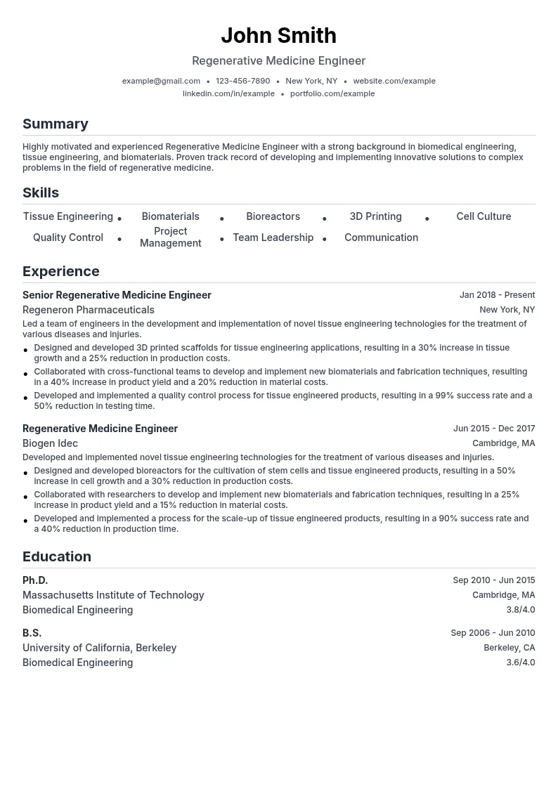 Regenerative Medicine Engineer resume example