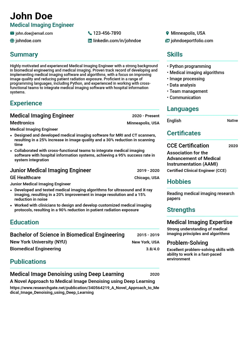 Medical Imaging Engineer resume example