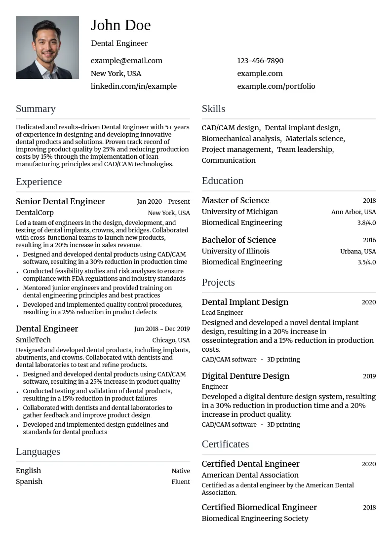 Dental Engineer resume example