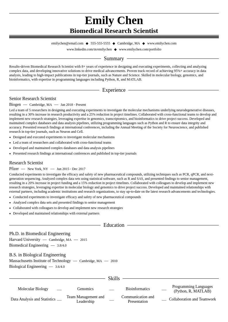 Biomedical Research Scientist resume example