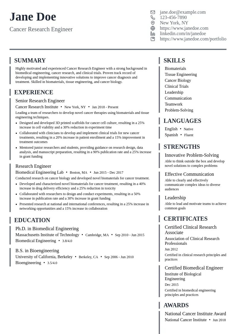 Cancer Research Engineer resume example