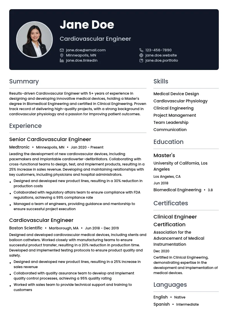 Cardiovascular Engineer resume example