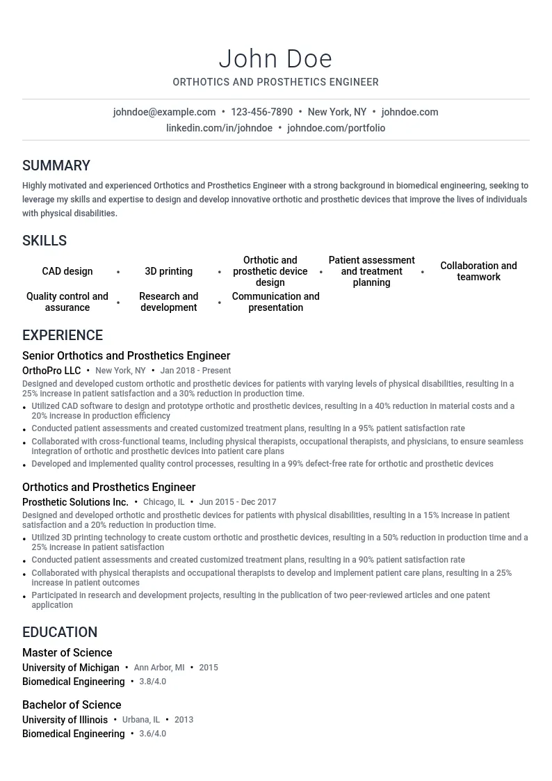 Orthotics and Prosthetics Engineer resume example