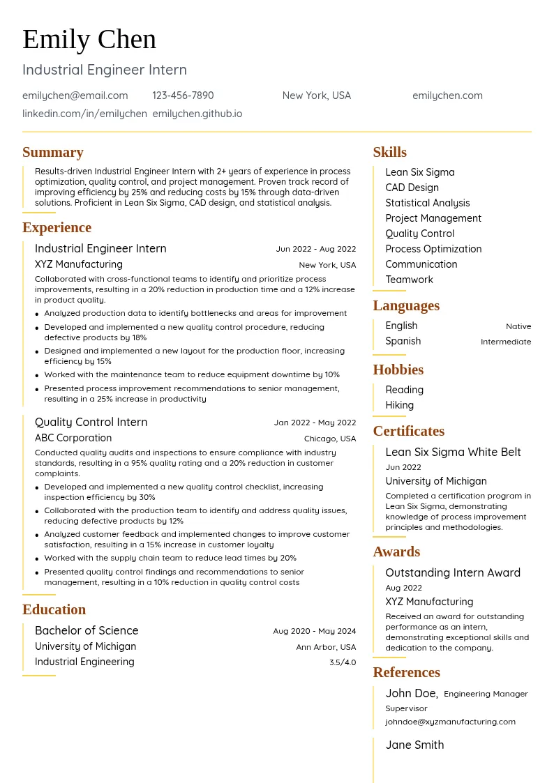 Industrial Engineer Intern resume example