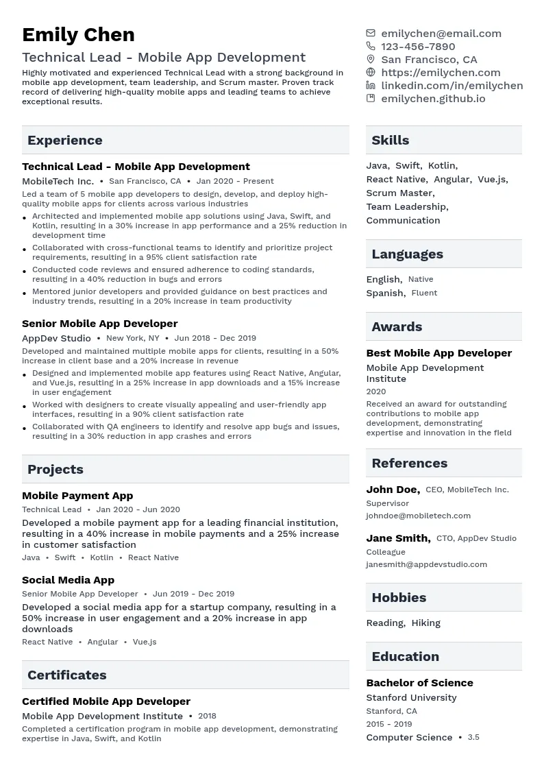 Technical Lead - Mobile App Development resume example
