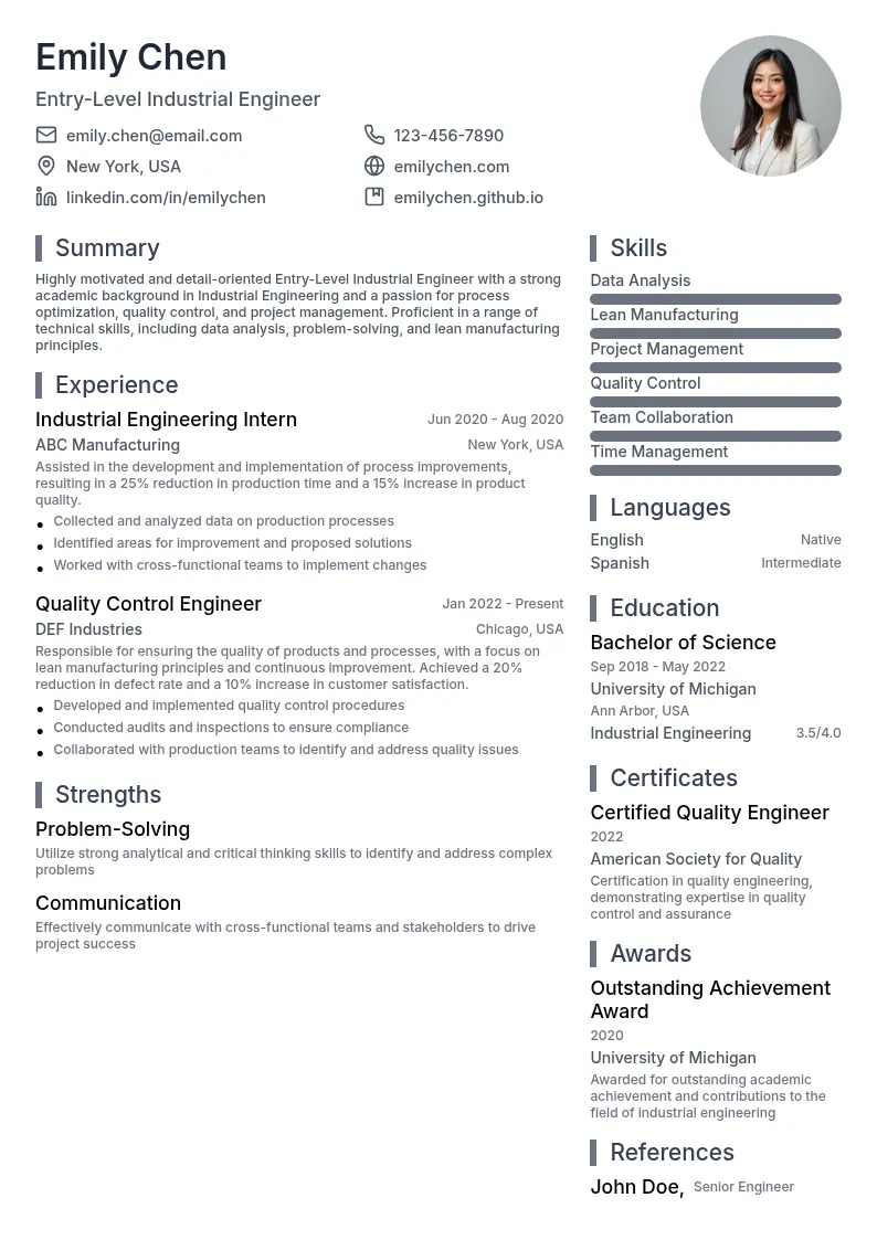 Entry-Level Industrial Engineer resume example