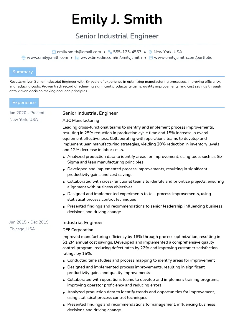 Senior Industrial Engineer resume example