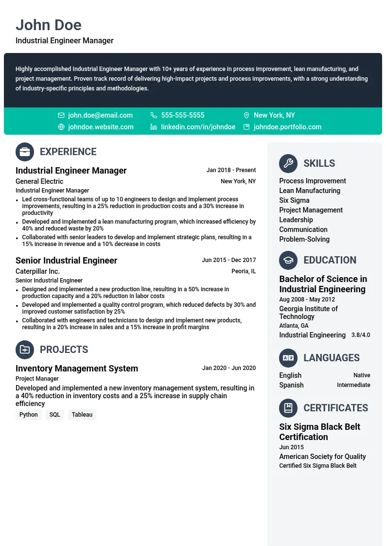 Industrial Engineer Manager resume example
