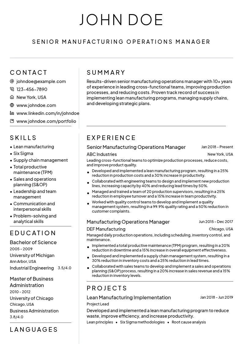 Senior Manufacturing Operations Manager resume example