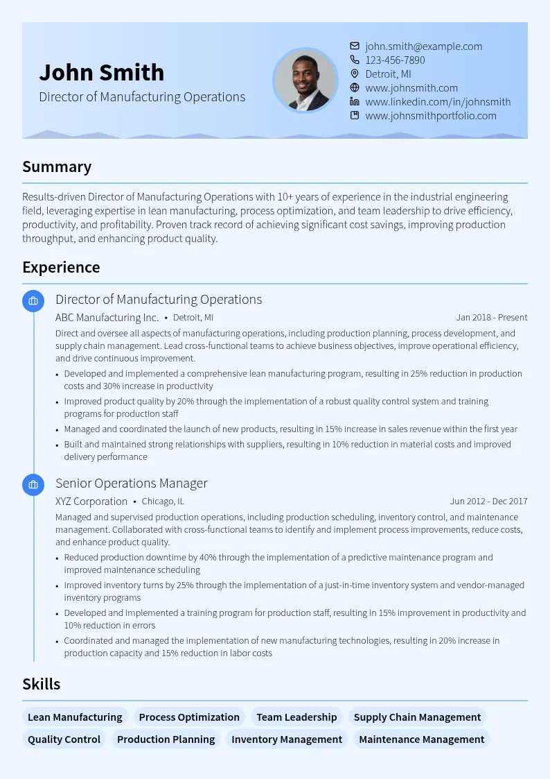 Director of Manufacturing Operations resume example
