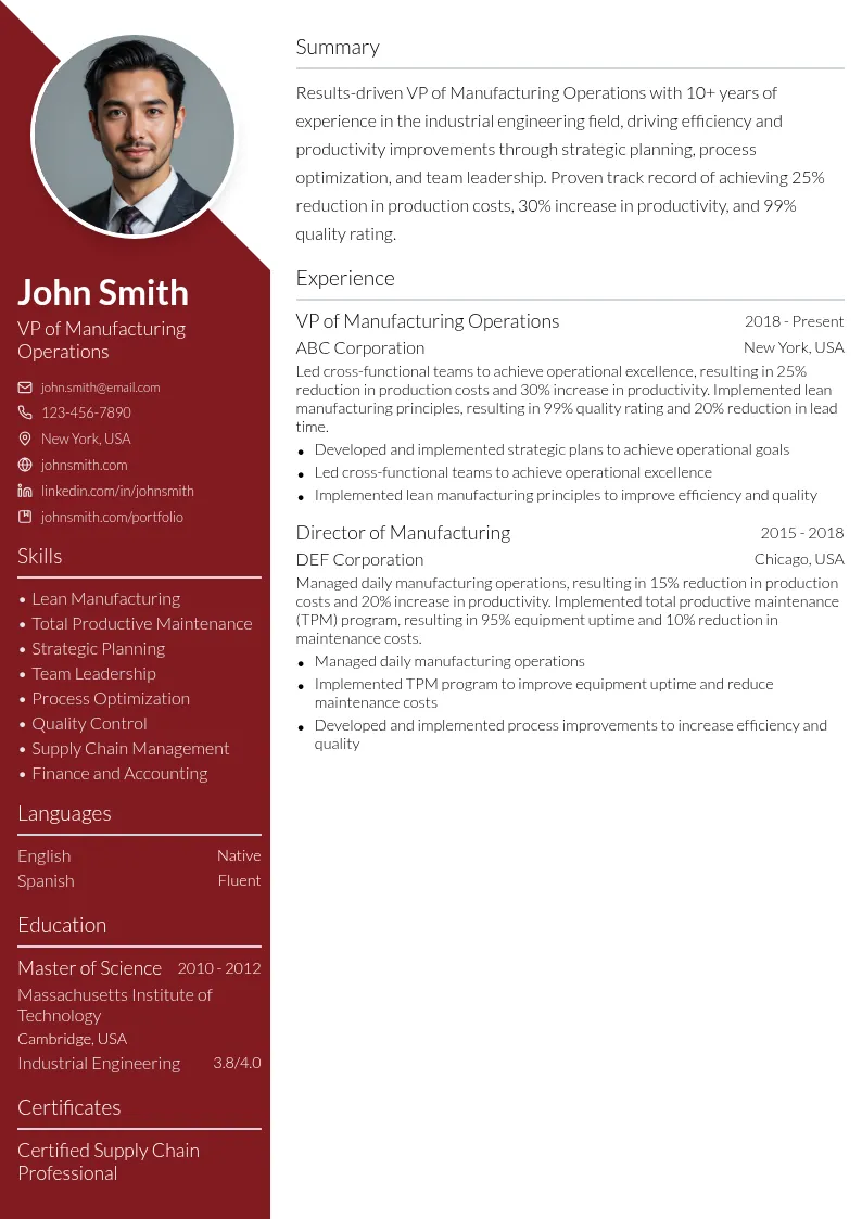 VP of Manufacturing Operations resume example