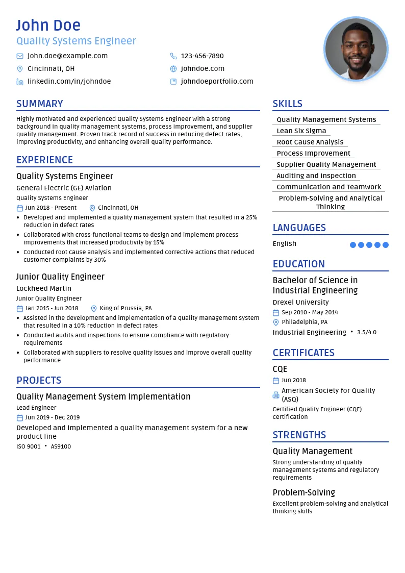 Quality Systems Engineer resume example
