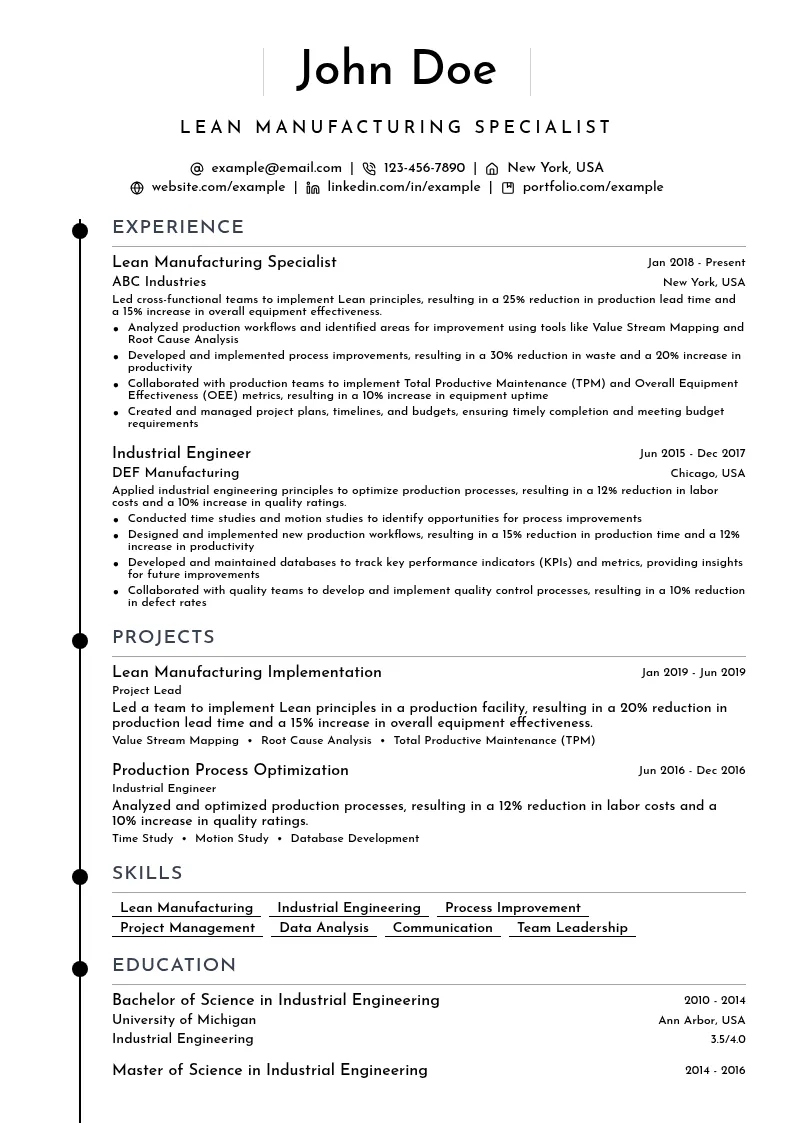 Lean Manufacturing Specialist resume example