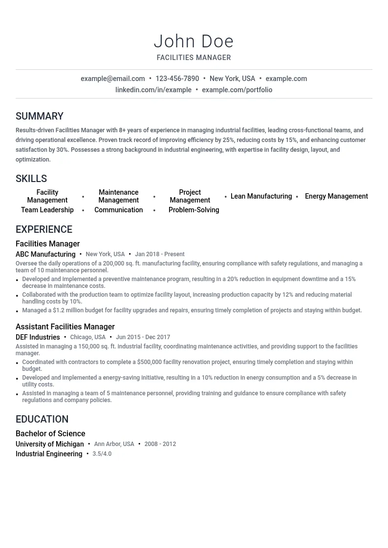 Facilities Manager resume example