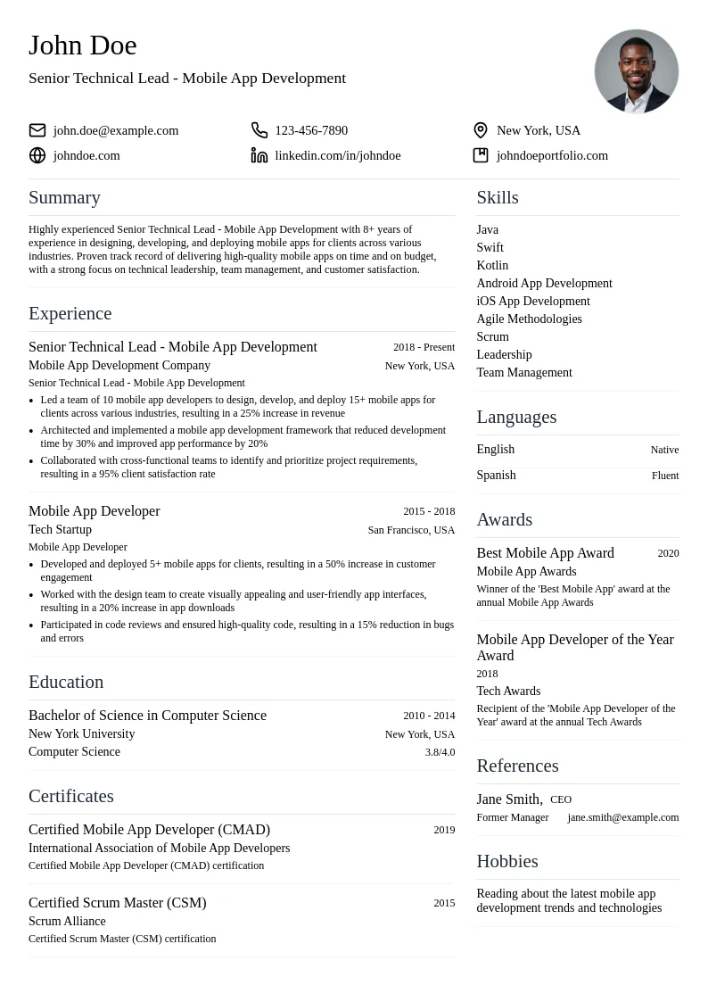 Senior Technical Lead - Mobile App Development resume example