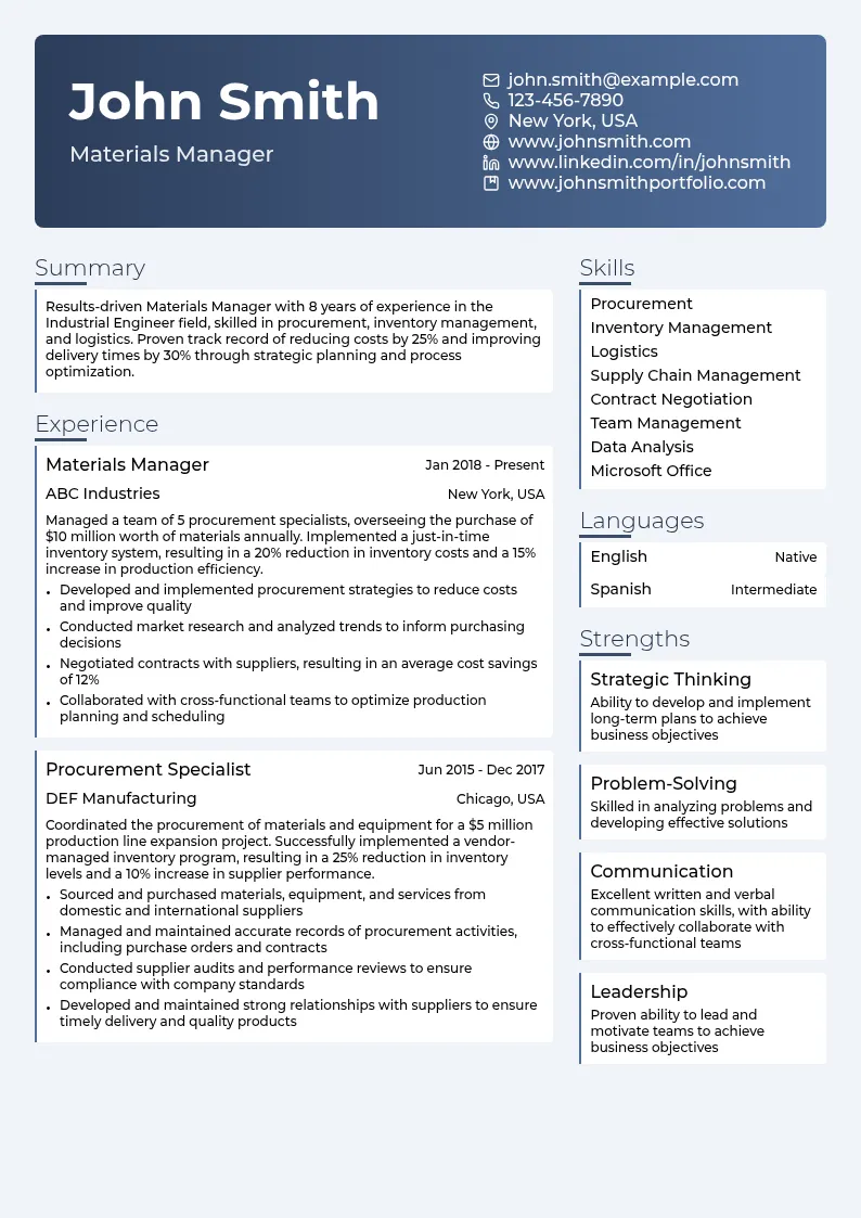 Materials Manager resume example