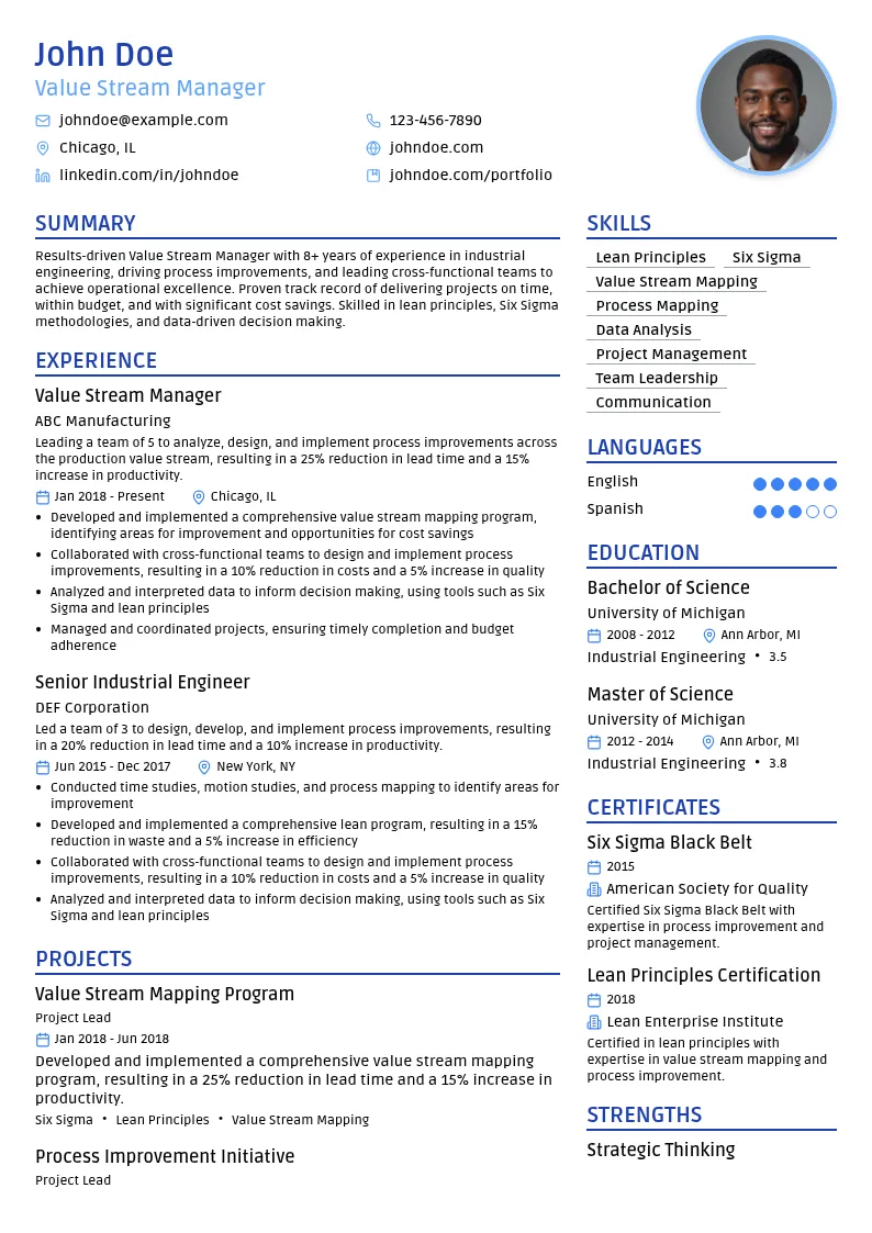Value Stream Manager resume example