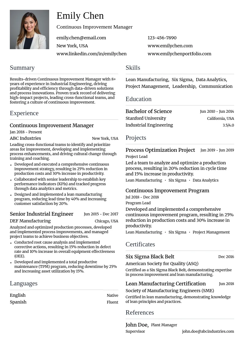 Continuous Improvement Manager resume example