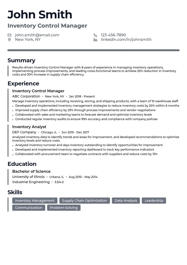 Inventory Control Manager resume example