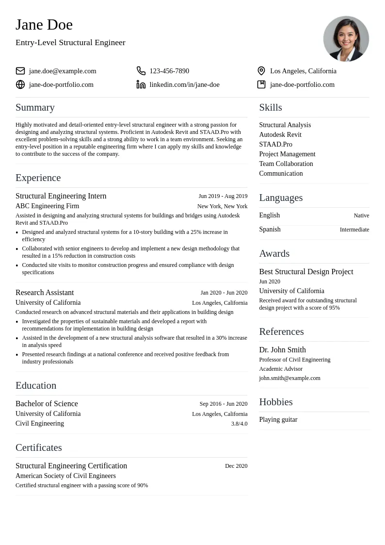 Entry-Level Structural Engineer resume example
