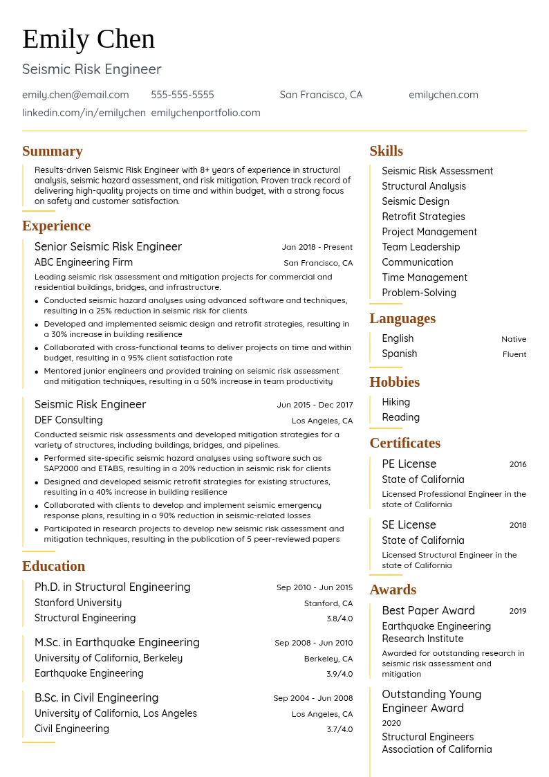Seismic Risk Engineer resume example