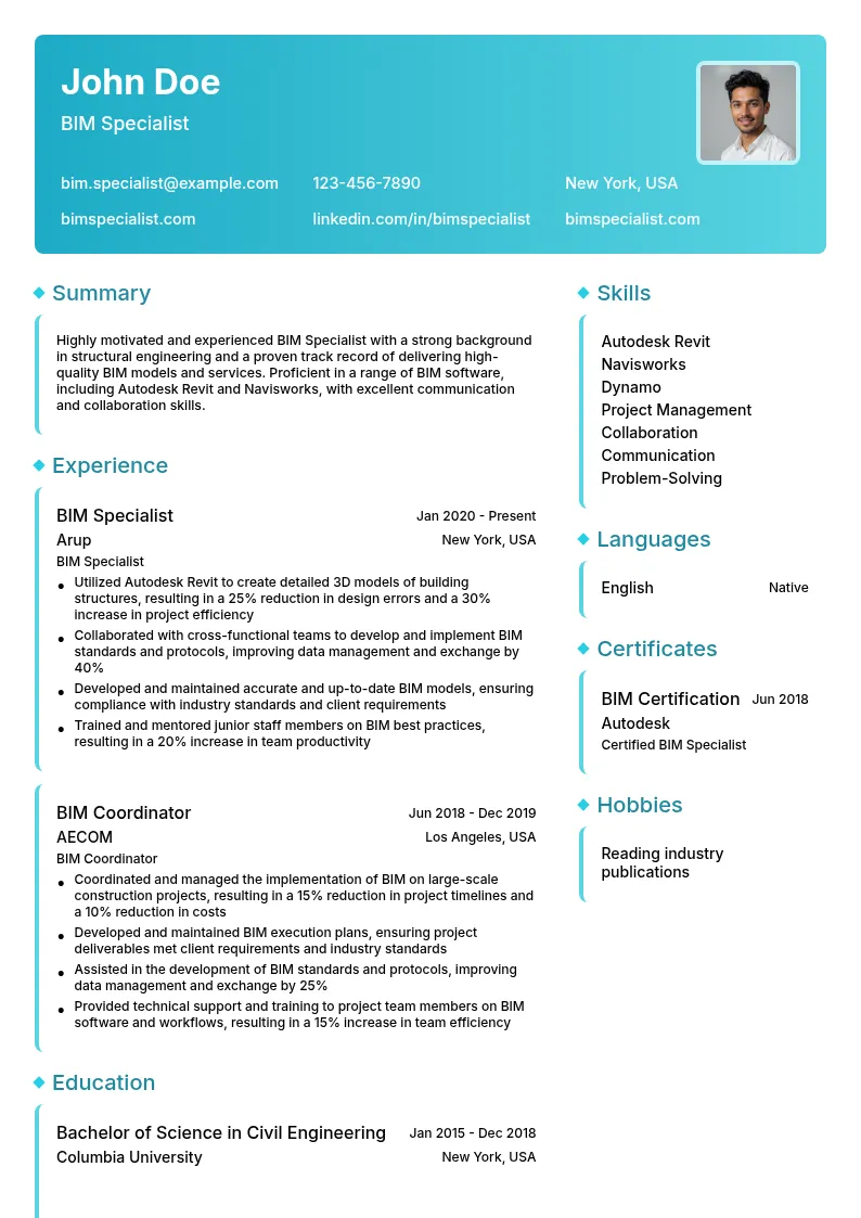 Building Information Modeling (BIM) Specialist resume example