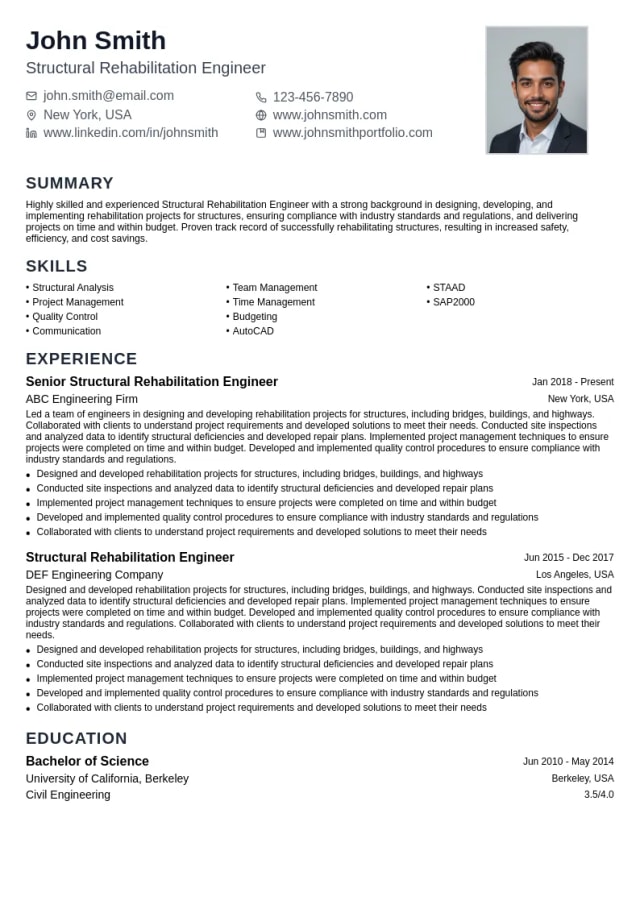 Structural Rehabilitation Engineer resume example