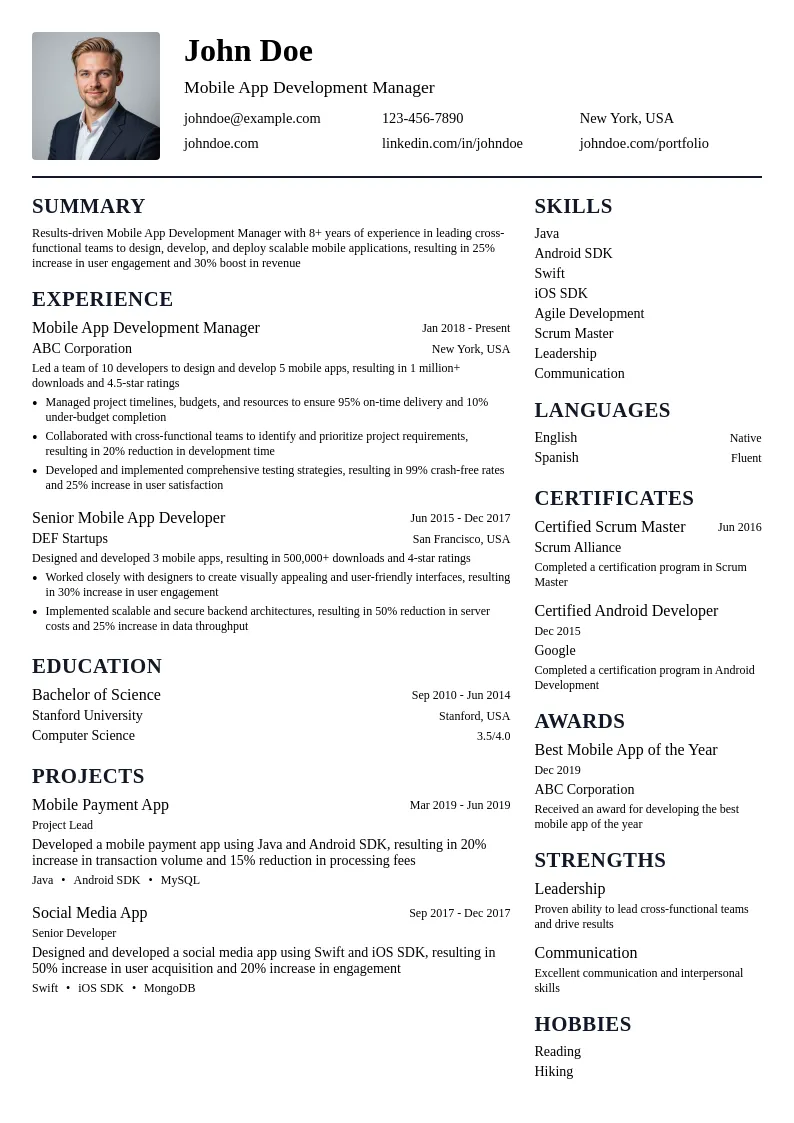 Mobile App Development Manager resume example