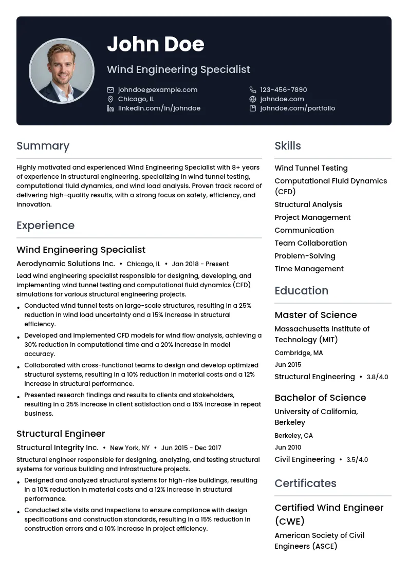 Wind Engineering Specialist resume example