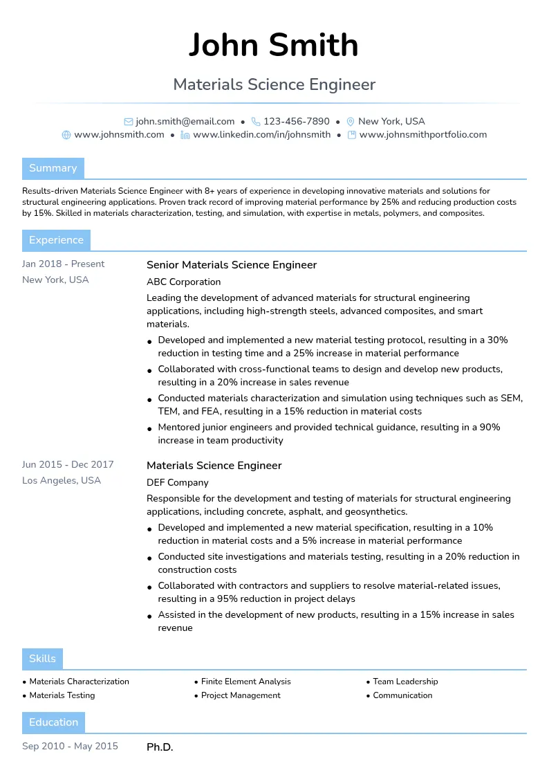 Materials Science Engineer resume example