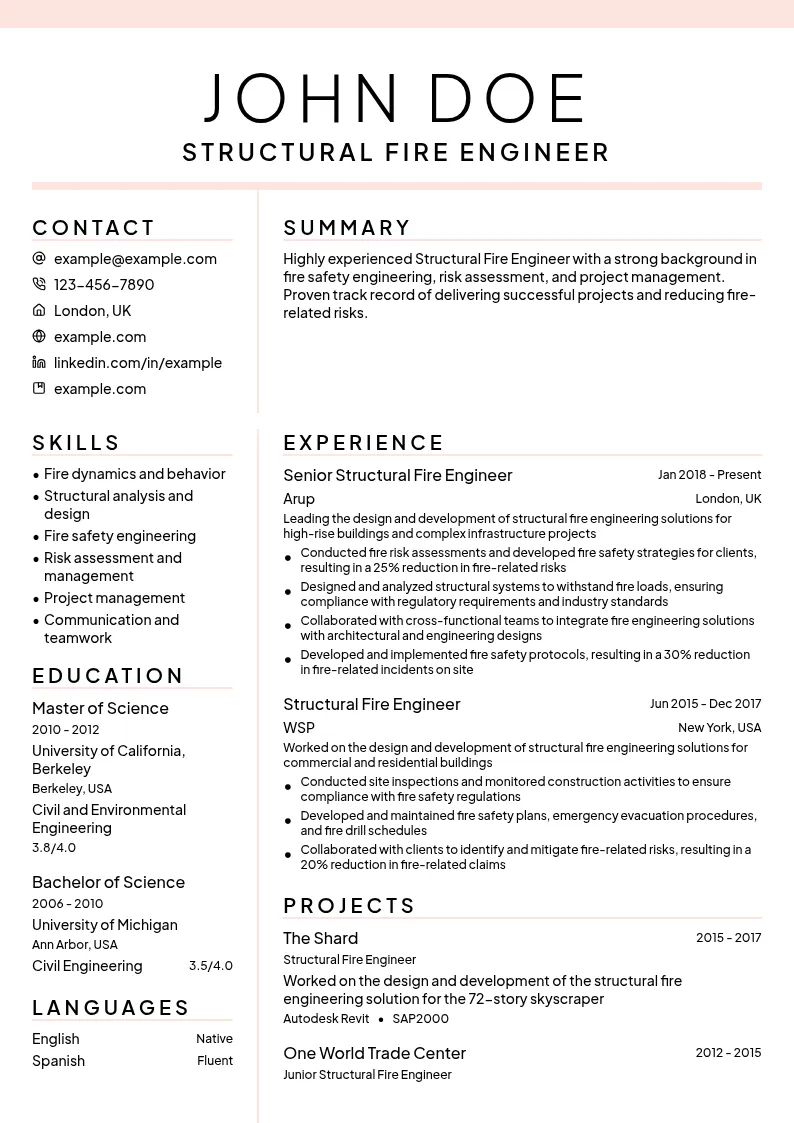 Structural Fire Engineer resume example