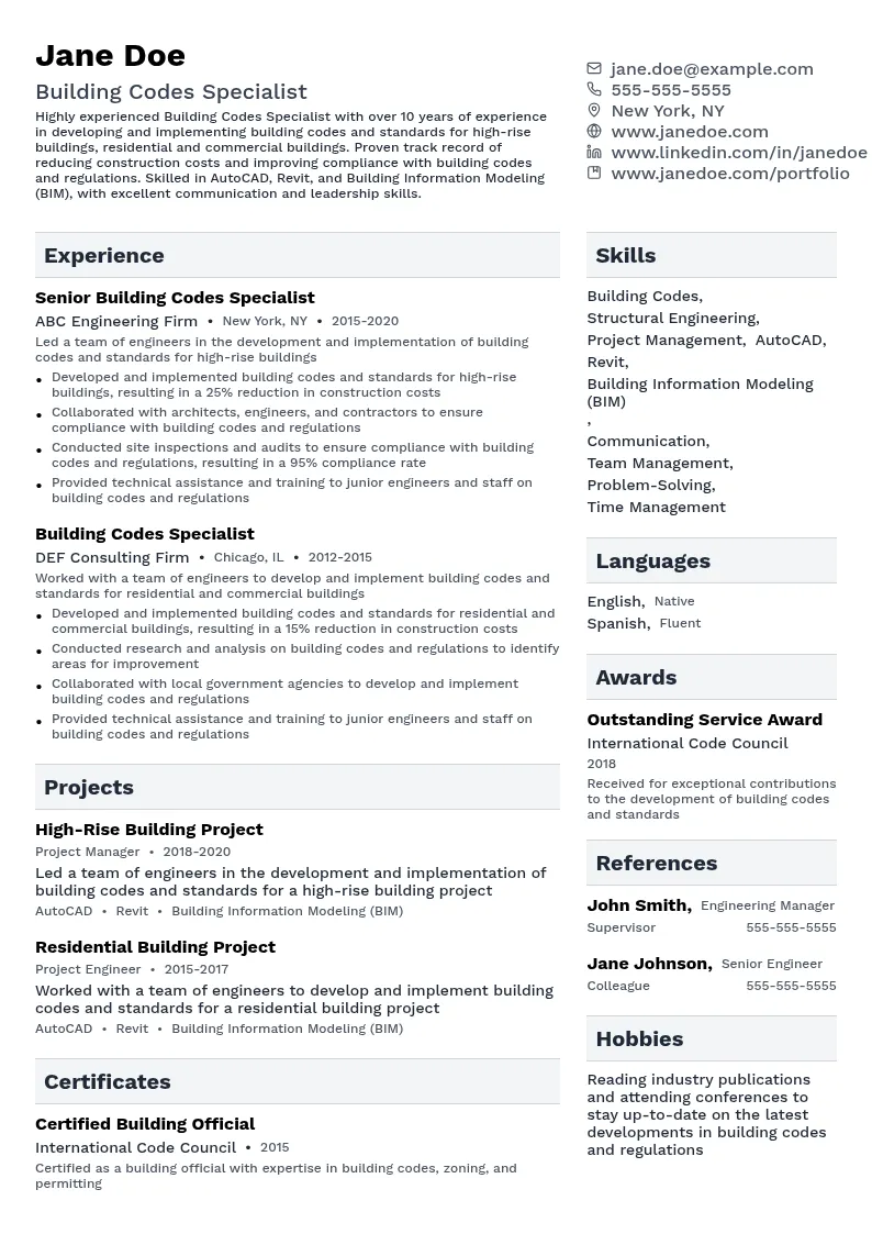 Building Codes Specialist resume example