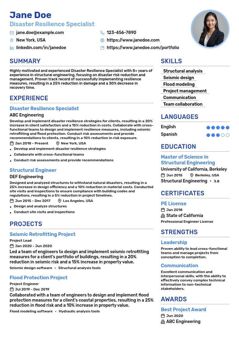 Disaster Resilience Specialist resume example