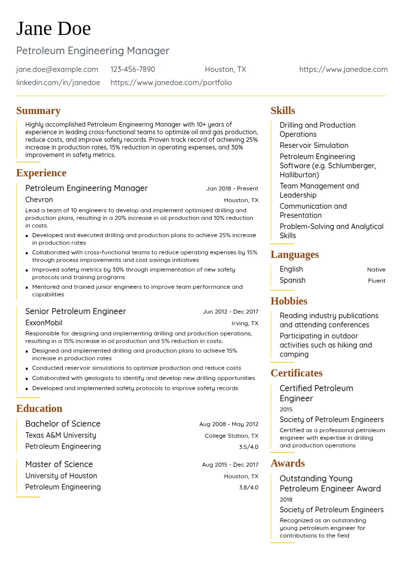 Petroleum Engineering Manager resume example