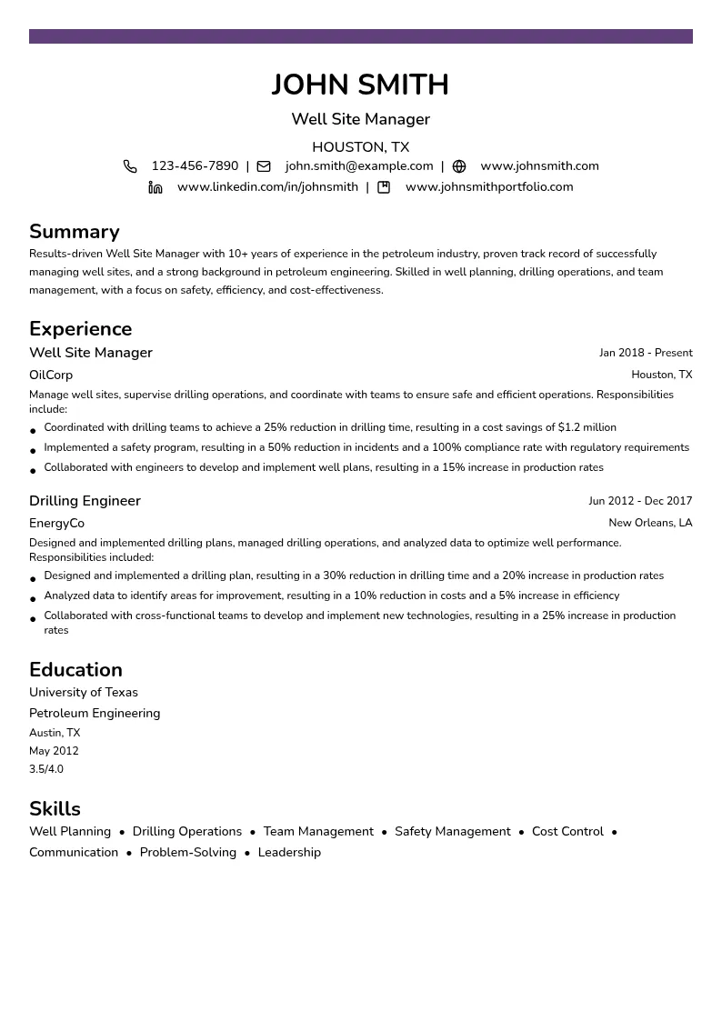 Well Site Manager resume example