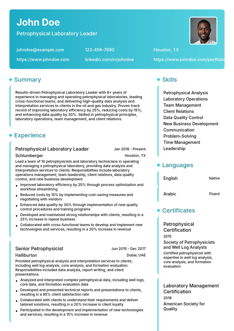 Petrophysical Laboratory Leader resume example