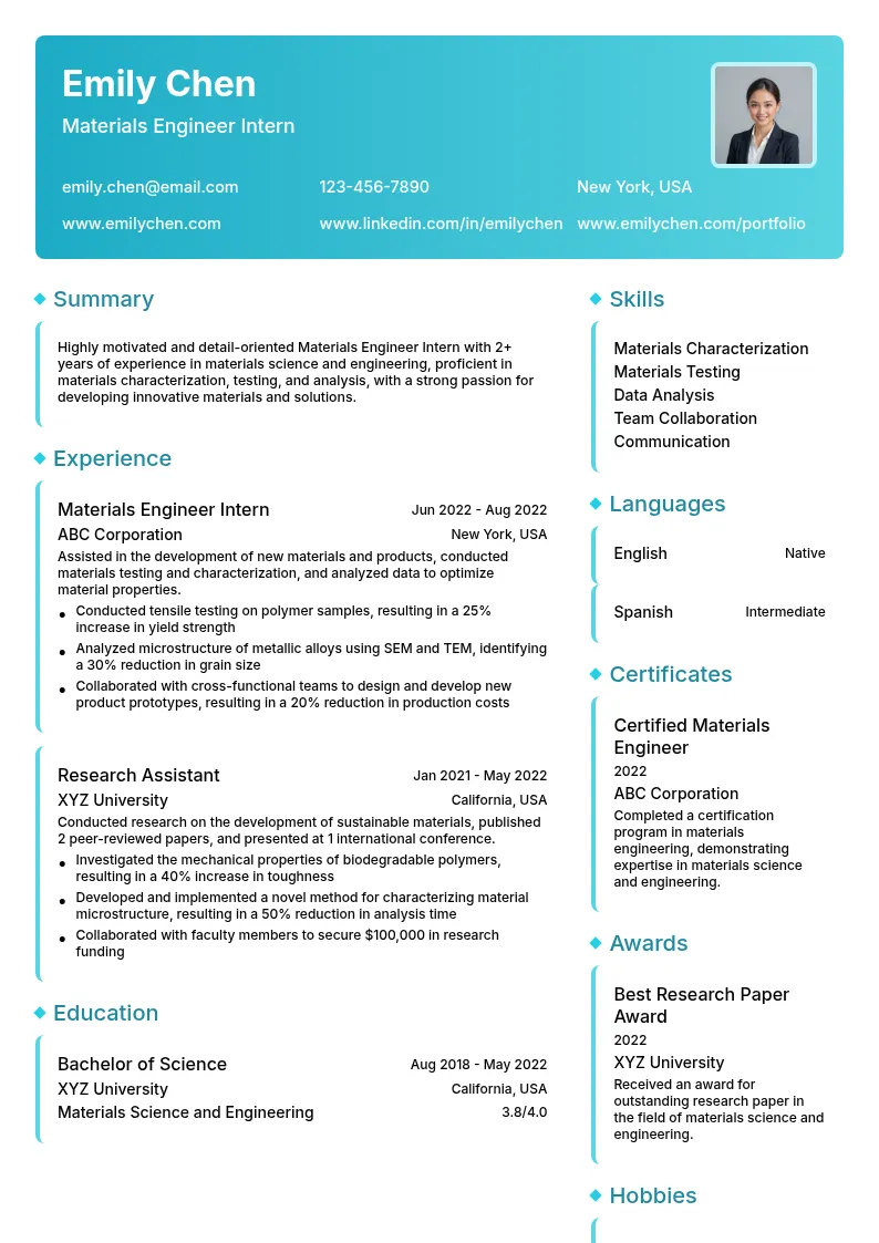 Materials Engineer Intern resume example
